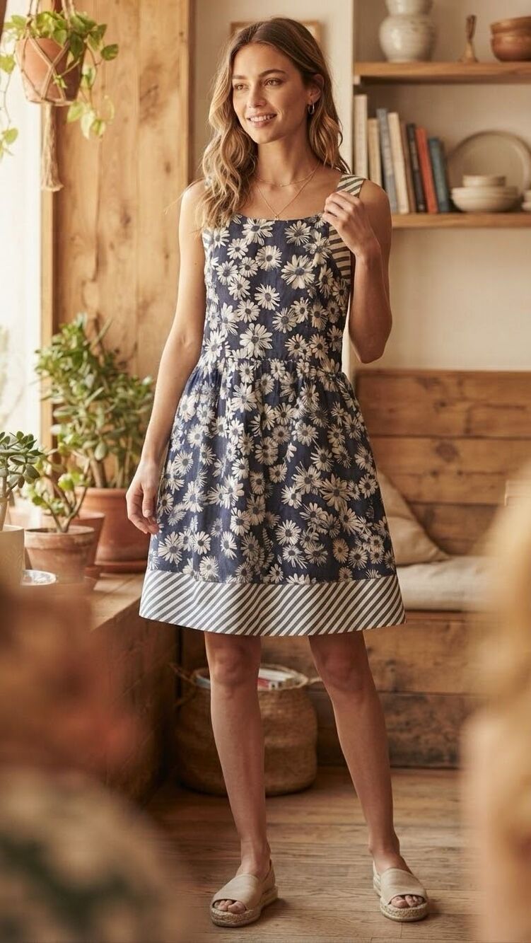 Esley Blue Daisy Floral Stripe 100% Cotton Mini Dress Sleeveless Size Small Fit